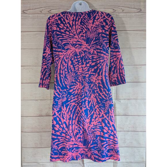 Lilly Pulitzer Zebra And Palm Printed Dress Sz Small S Blue Pink V-Neck FLAWLESS - Picture 2 of 8